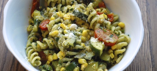 Fusilli with Sweet Corn, Pesto and Summer Vegetables