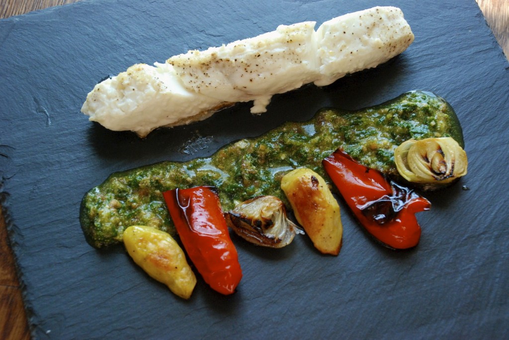 Halibut with pistou and roasted vegetables