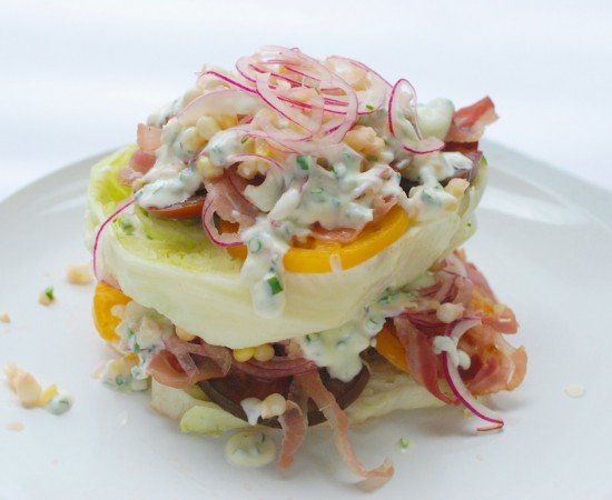 Tomato-Pancetta Stacked Salad, from side