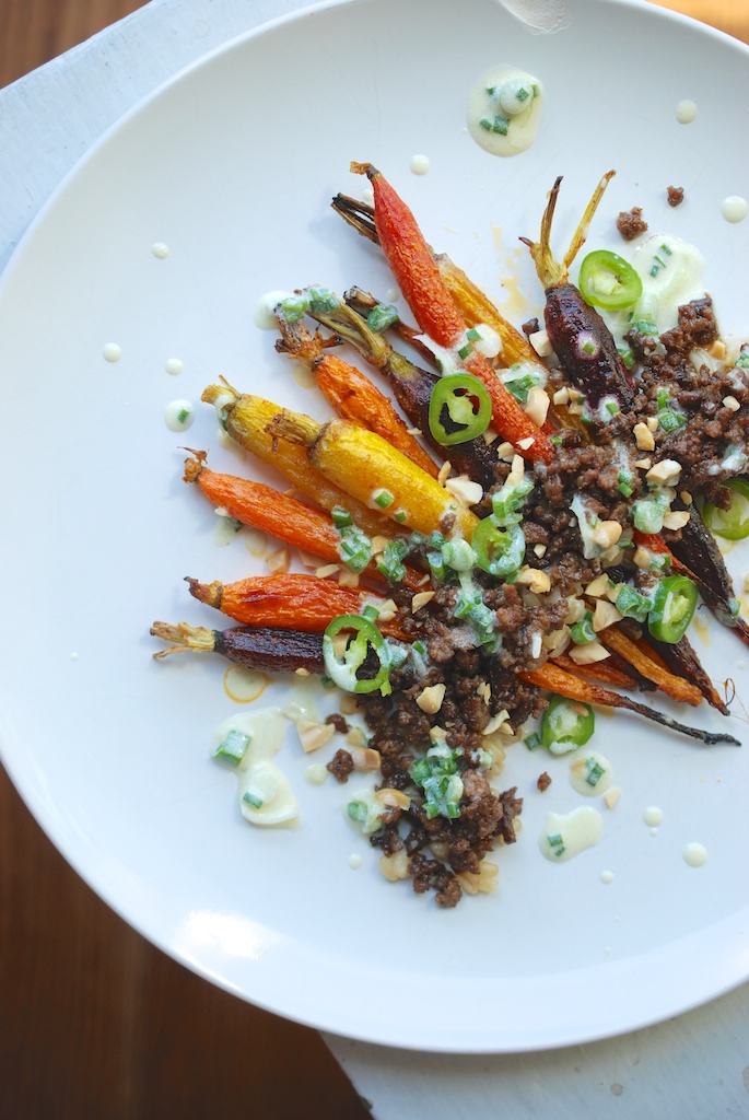 Slow-Roasted Carrots with Lamb and Spring Onion Dressing, vertical