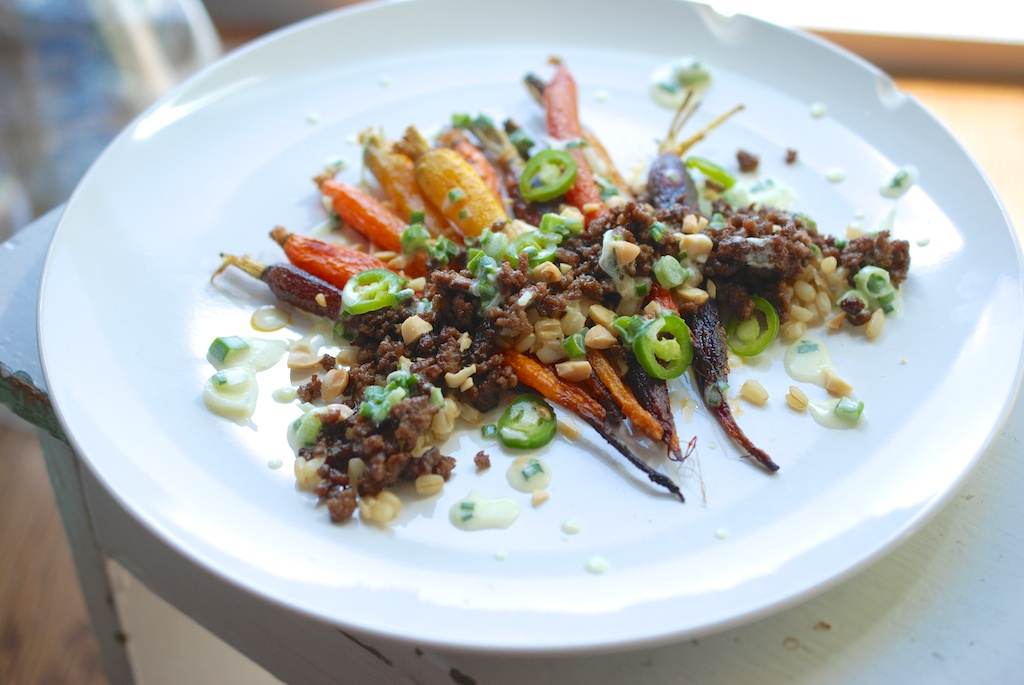 Slow-Roasted Carrots with Lamb and Spring Onion Dressing