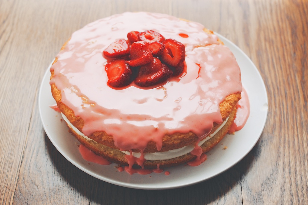 Cornmeal Cake with Mascarpone Cream and Strawberry Glaze