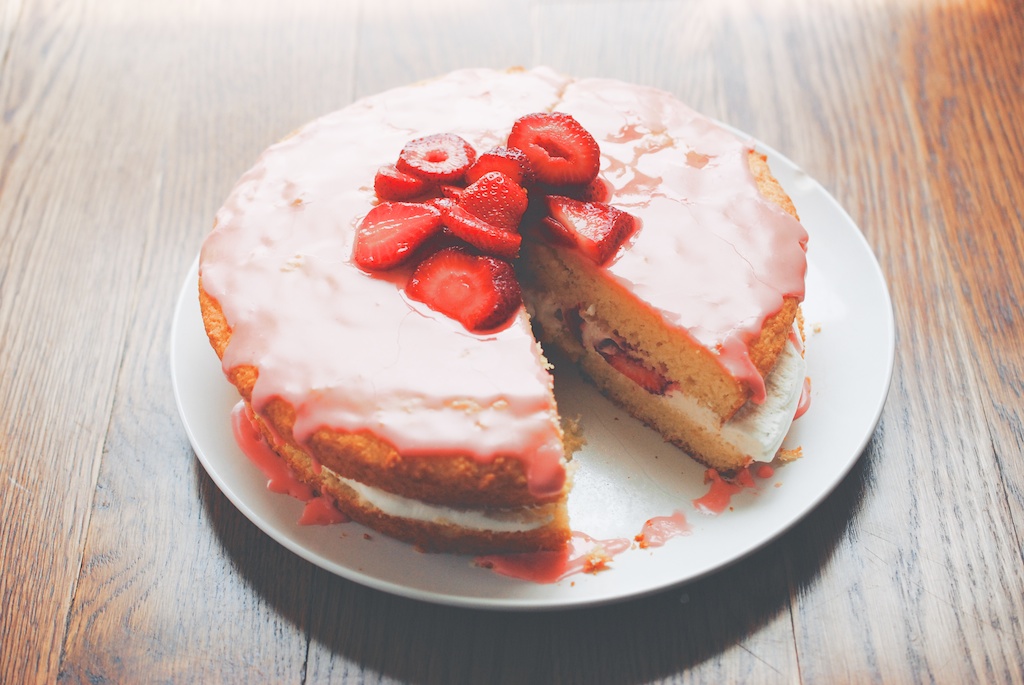 Cornmeal Cake with Mascarpone Cream and Strawberry Glaze