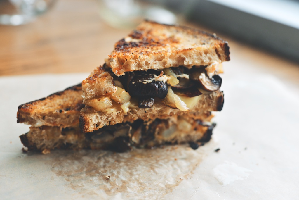 Roasted Mushroom Grilled Cheese with Cheddar + Chèvre