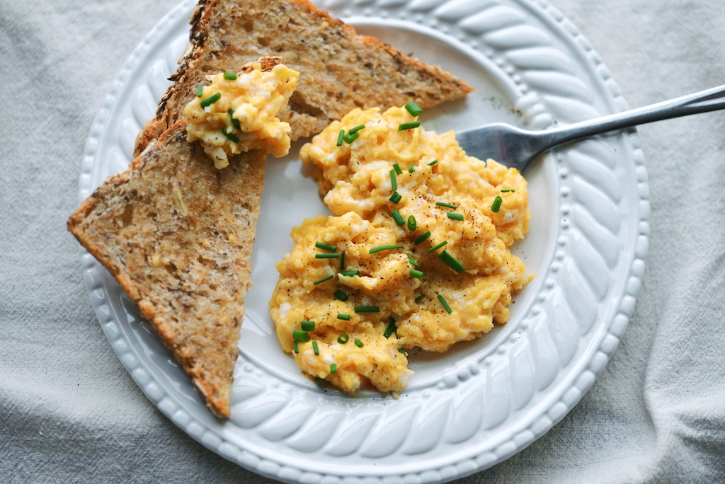 Softest, Slow-Cooked Scrambled Eggs with Toast