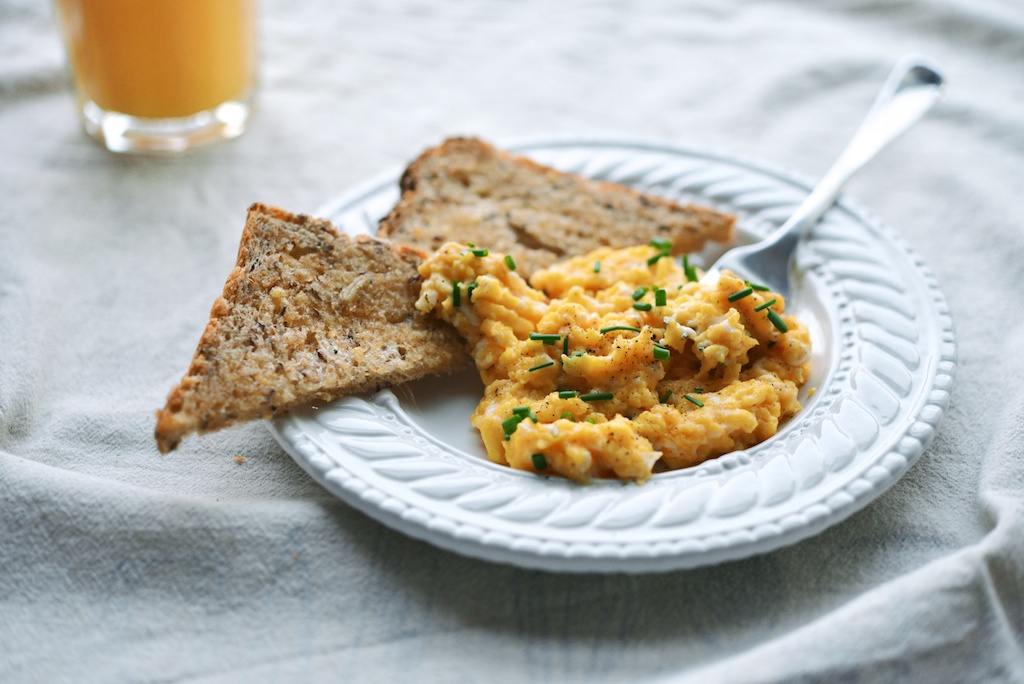 Softest, Slow-Cooked Scrambled Eggs with Toast