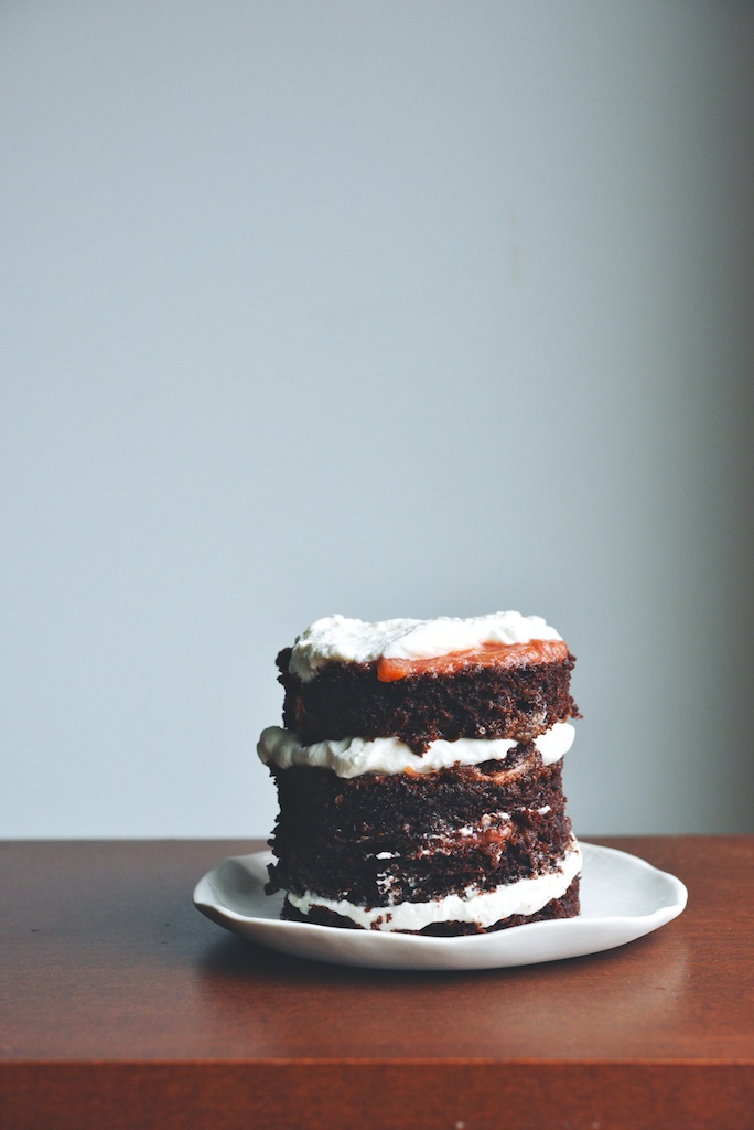 Chocolate Cake with Rhubarb-Strawberry Compote + Crème Fraîche Cream