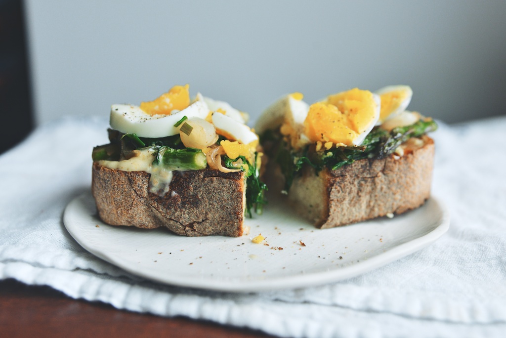 Spring Vegetable Tartines with Charred Scallion Mayonnaise + Hard-Cooked Egg 