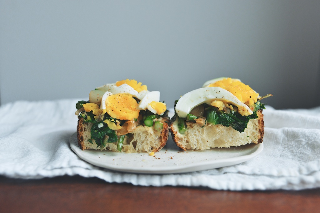 Spring Vegetable Tartines with Charred Scallion Mayonnaise + Hard-Cooked Egg 