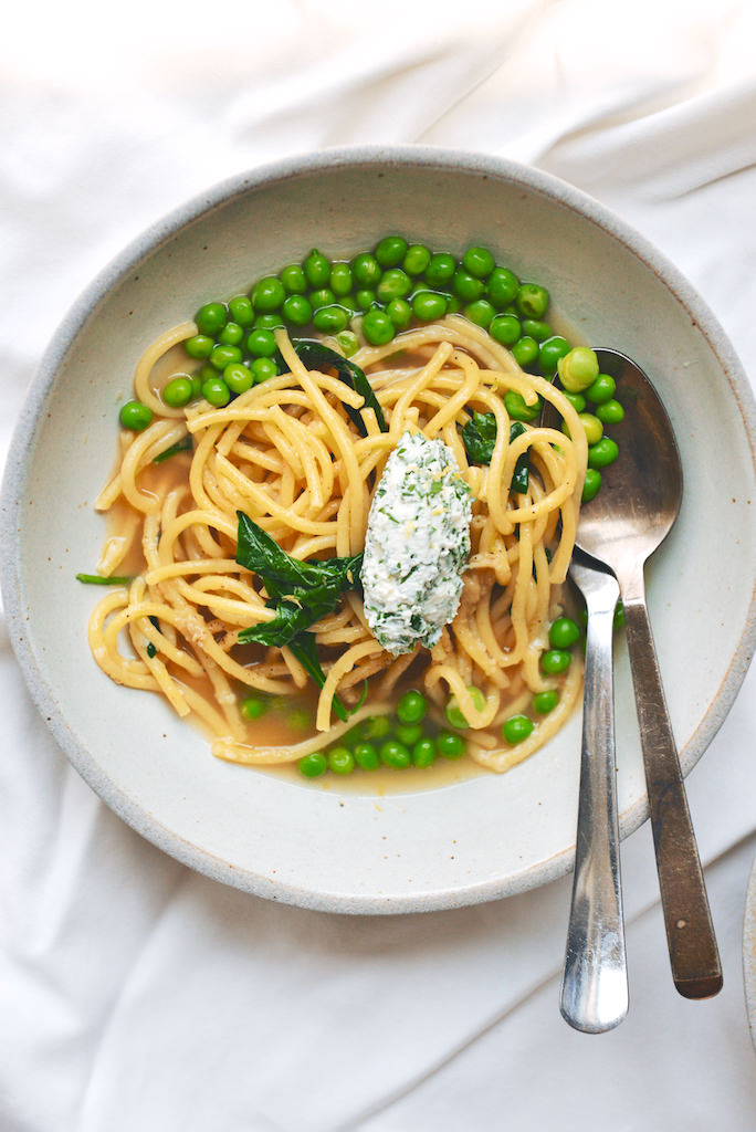 Wedding Bucatini with Peas, Spinach and Herb Ricotta