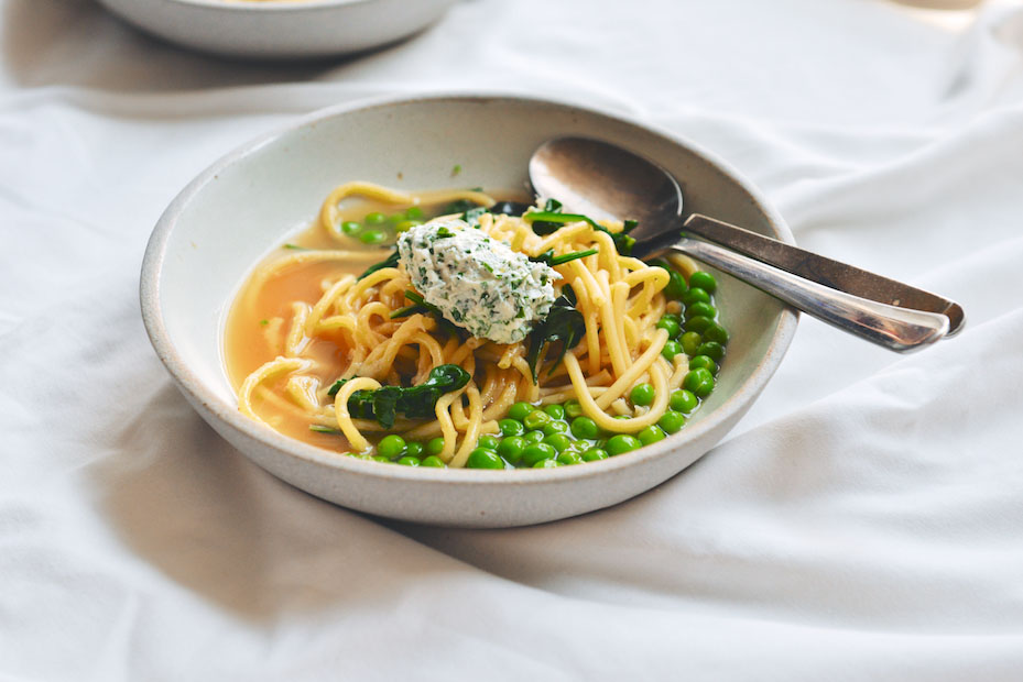 Wedding Bucatini with Peas, Spinach and Herb Ricotta