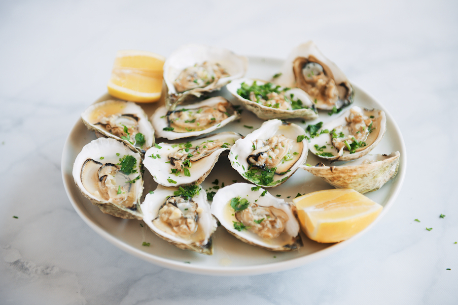Bourbon, Garlic and Hot Honey-Butter Roasted Oysters